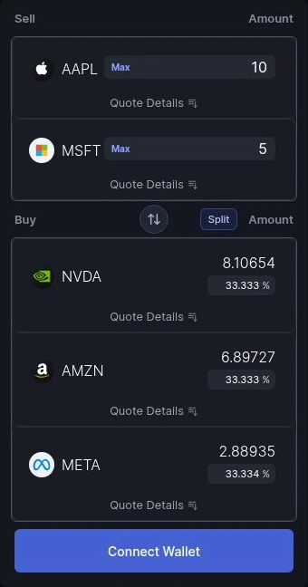 Actual EQ.cav testnet basket quote: sell 10 AAPL and 5 MSFT to buy NVDA, AMZN, and META, with approximately one third allocated to each buy asset.